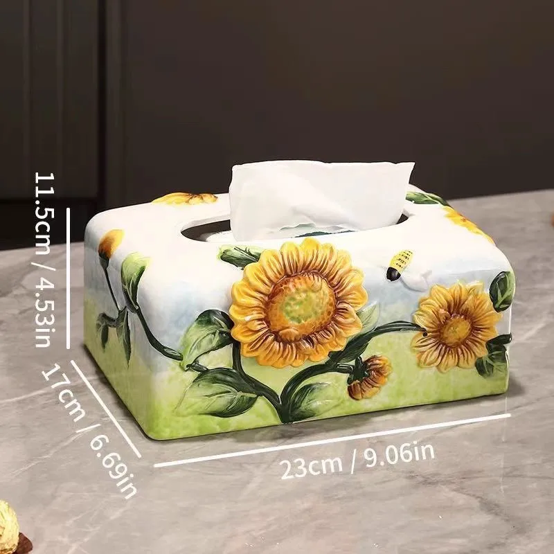 صندوق مناديل سيراميك عباد الشمس على الطراز الأوروبي الجديد، صندوق ورقي لتزيين طاولة القهوة المنزلية #6