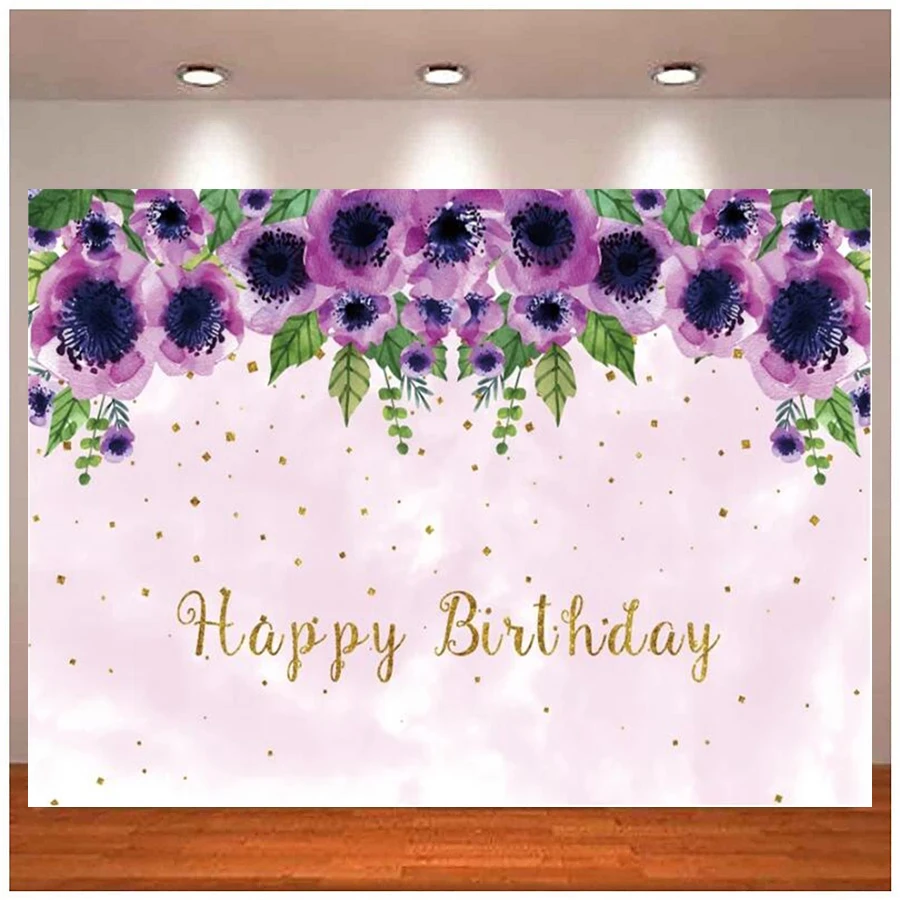 

Photography Backdrop Happy Birthday Party Gold Dots Blooms Blue Flowers Portrait Poster Photo Background Banner Photocall