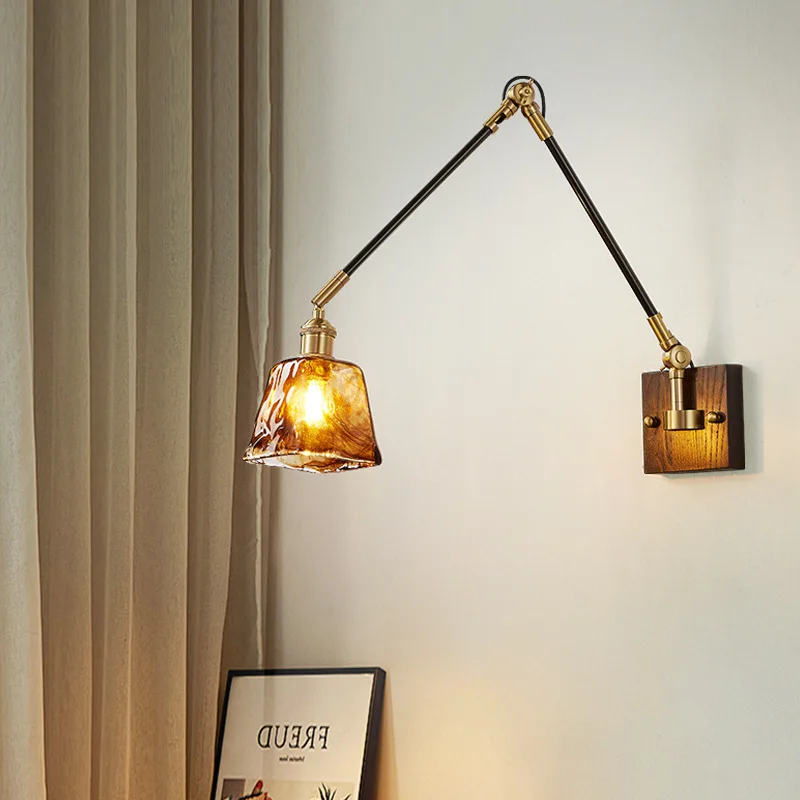 Retro All Copper Wall Lamps Universal Rocker Arm Wiring Free Bedside Wall Lights Restaurant Creative Walnut Wall Reading Sconces