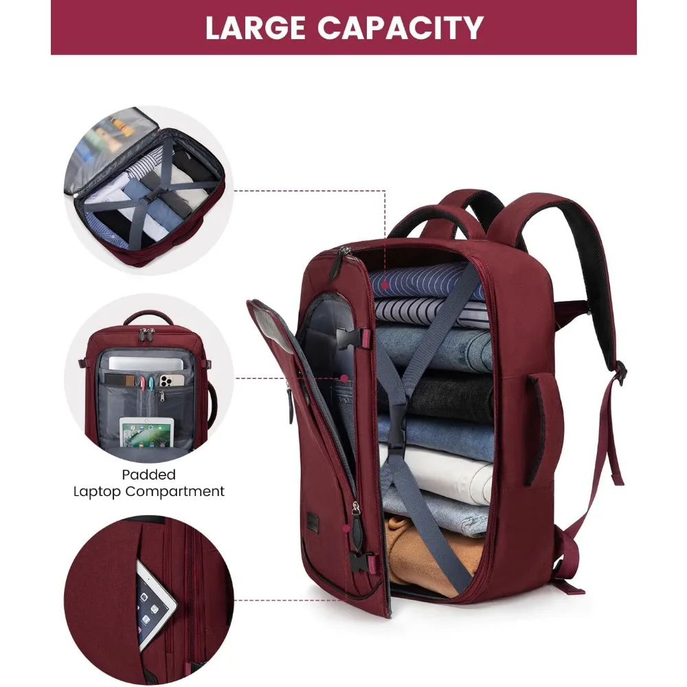 حقيبة ظهر كبيرة للسفر قابلة للتوسيع سعة 45 لترًا للرجال والنساء، معتمدة من شركة الطيران، مثالية لحمل الحقائب مع مساحة تخزين إضافية O