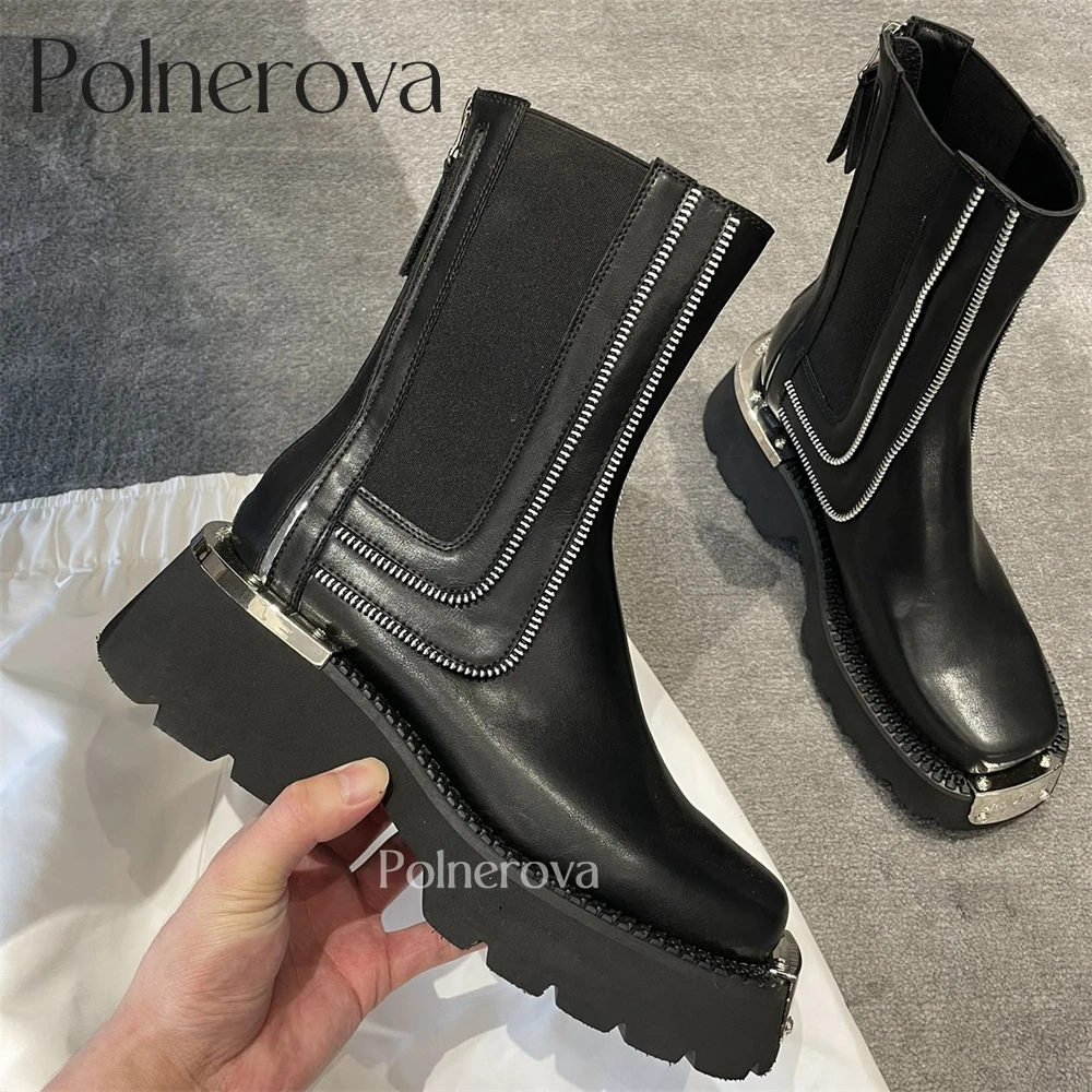 

Punk Style Ankle Boots Metallic Accessories Zipper Boots White Stitched Black Pu Leather Boots for Women Fashion Style Design