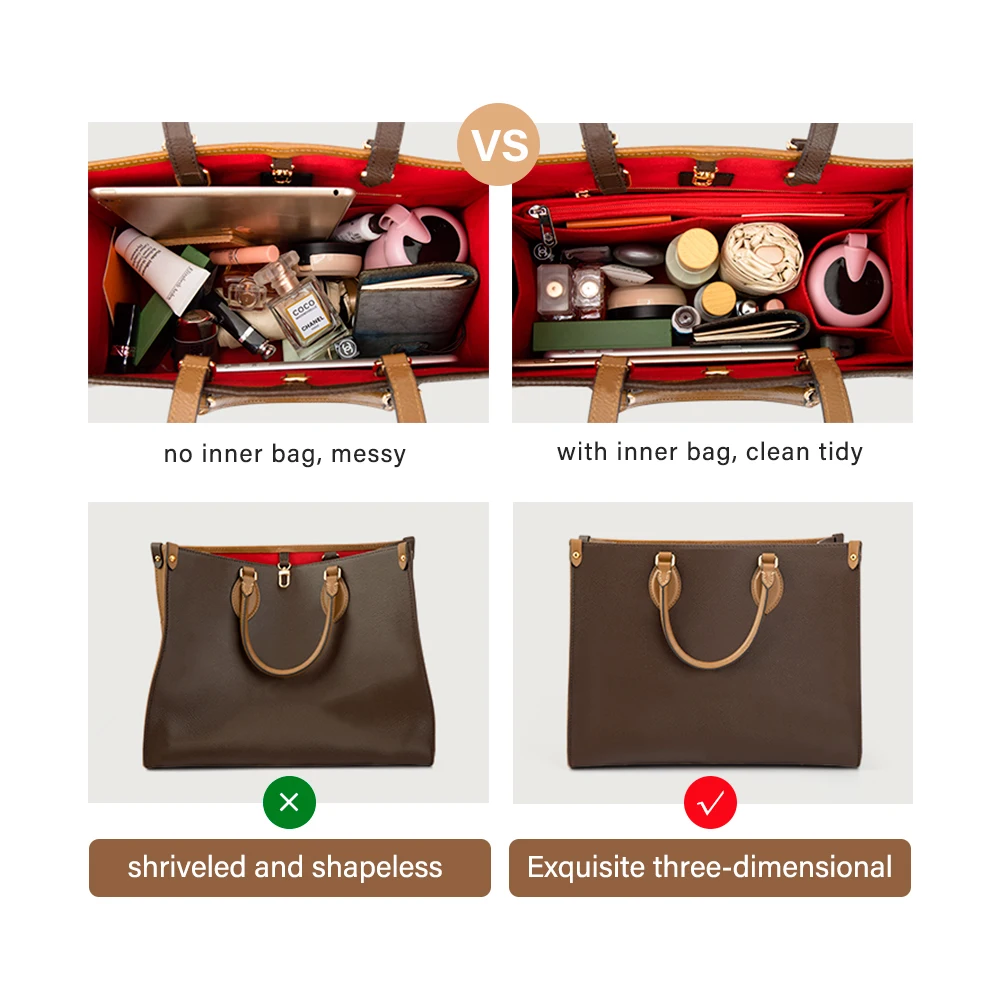 CRAZYSMITH Inner Bags For LV ONTHEGO Felt Insert Bag Makeup Handbag Organizer Purse Portable Zipper Cosmetic Bags Storage Tote