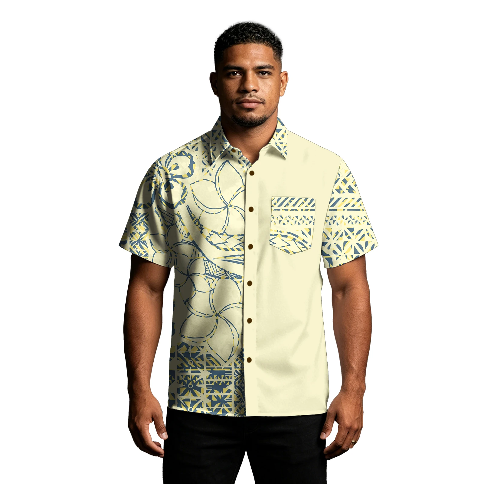 Dark Blue Custom Summer Men's Shirts Hawaiian Coconut Button Clothes Samoan Polynesian Tribal Style Plus Size Pocket Men Shirts