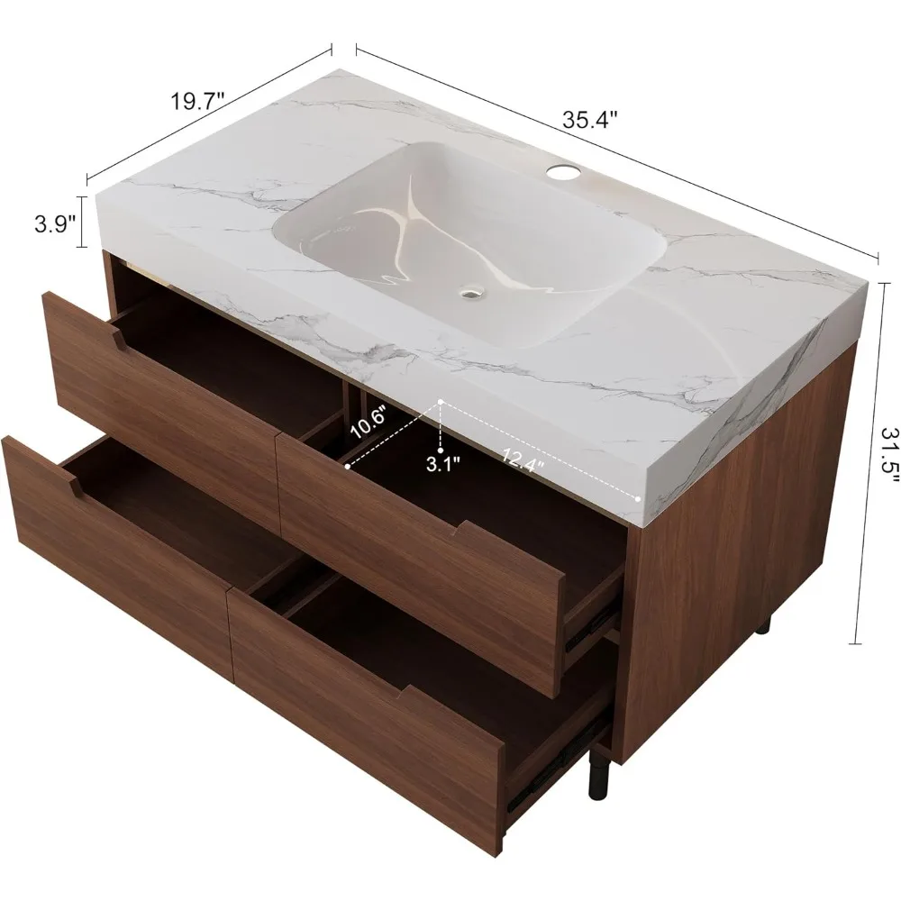 2-in-1 schwebender Badezimmer-Waschtisch mit Waschbecken-Kombination, 35,4'' wandmontierter Badezimmer-Waschtischschrank mit Keramikwaschbecken, 4 Schubladen