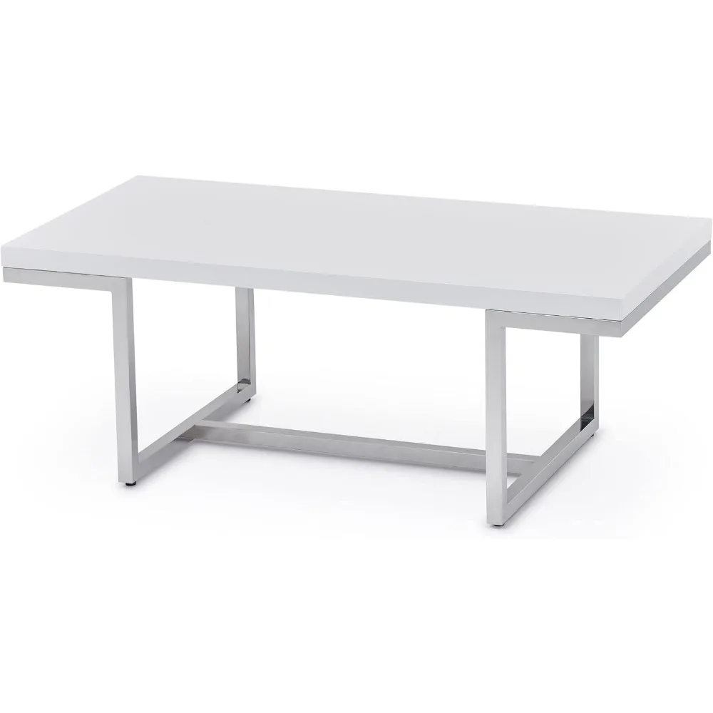 Tables de Salle à Manger Modernes avec Base en Acier Inoxydable Poli, Meuble avec Laque Blanche Brillante