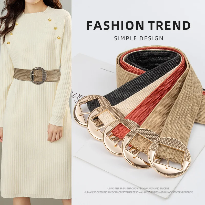 

Cotton Linen Woven Round Buckle with Skirt Belt Elastic Retro Rustic Style Wide Waist Seal Decorative Pin Buckle Belts Female