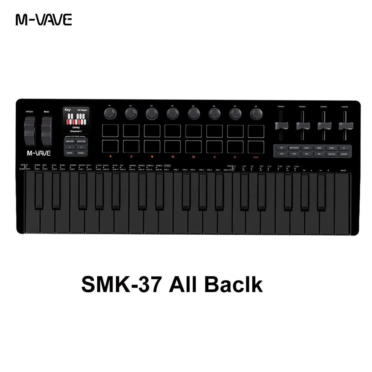 وحدة تحكم M-VAVE SMK-37 PRO ذات 37 مفتاحًا USB MIDI باللون الأسود، و16 وسادات RGB و8 مقابض تدعم تشغيل البرنامج لـ WINDOWS MAC IOS Android