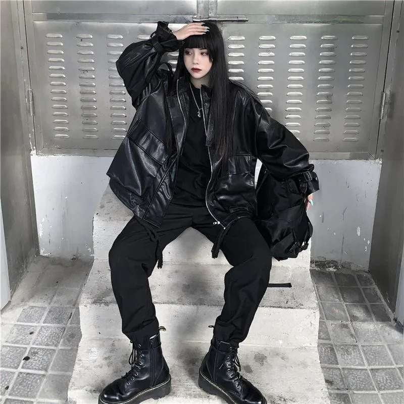 여성용 재킷 빈티지 가죽 디자인 드로스트링 코트 봄 지퍼 루즈 긴 소매 아우터 스플라이스드 빅 포켓 여성 의류