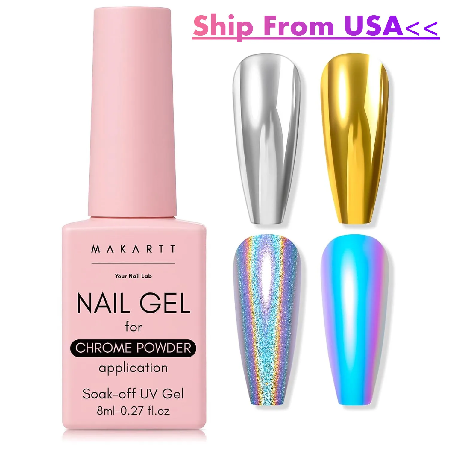 Makartt No Wipe Gel Top Coat for Chrome Nail Powder - Clear High Gloss Mirror Shine Top Coat Gel Nail Polish, Long Lasting Soak
