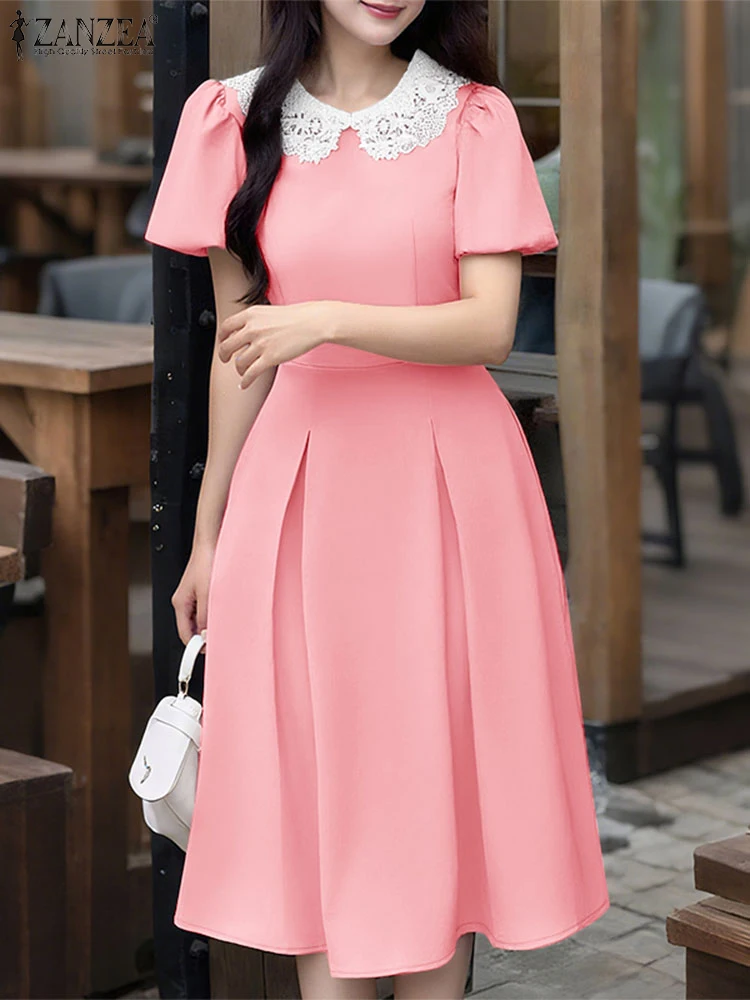 Eleganckie Sukienki Damskie 2025 ZANZEA Stylowa Sukienka na Imprezę Letnia Krótka Bufiasta Sukienka do Pracy OL Vestido Plisowana Sukienka Letnia Linia A Midi Robe