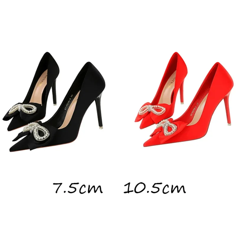 Women 7.5cm 10.5cm High Heels Sweet Pearl Rhinestone Bow Pumps Black Red Pointed Toe Korean Version Lady Valentine Dress Shoes