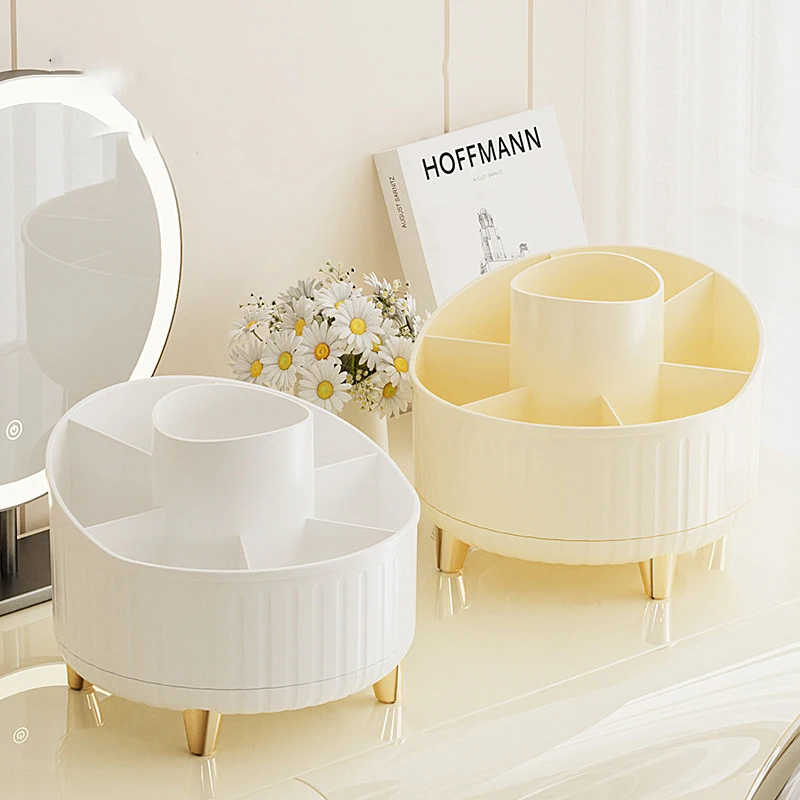 Multi-Functional Desk Storage Cosmetics Storage For Vanity Desktop Bathroom 360° Rotating 7 Slot Makeup Brushes Holder Organizer