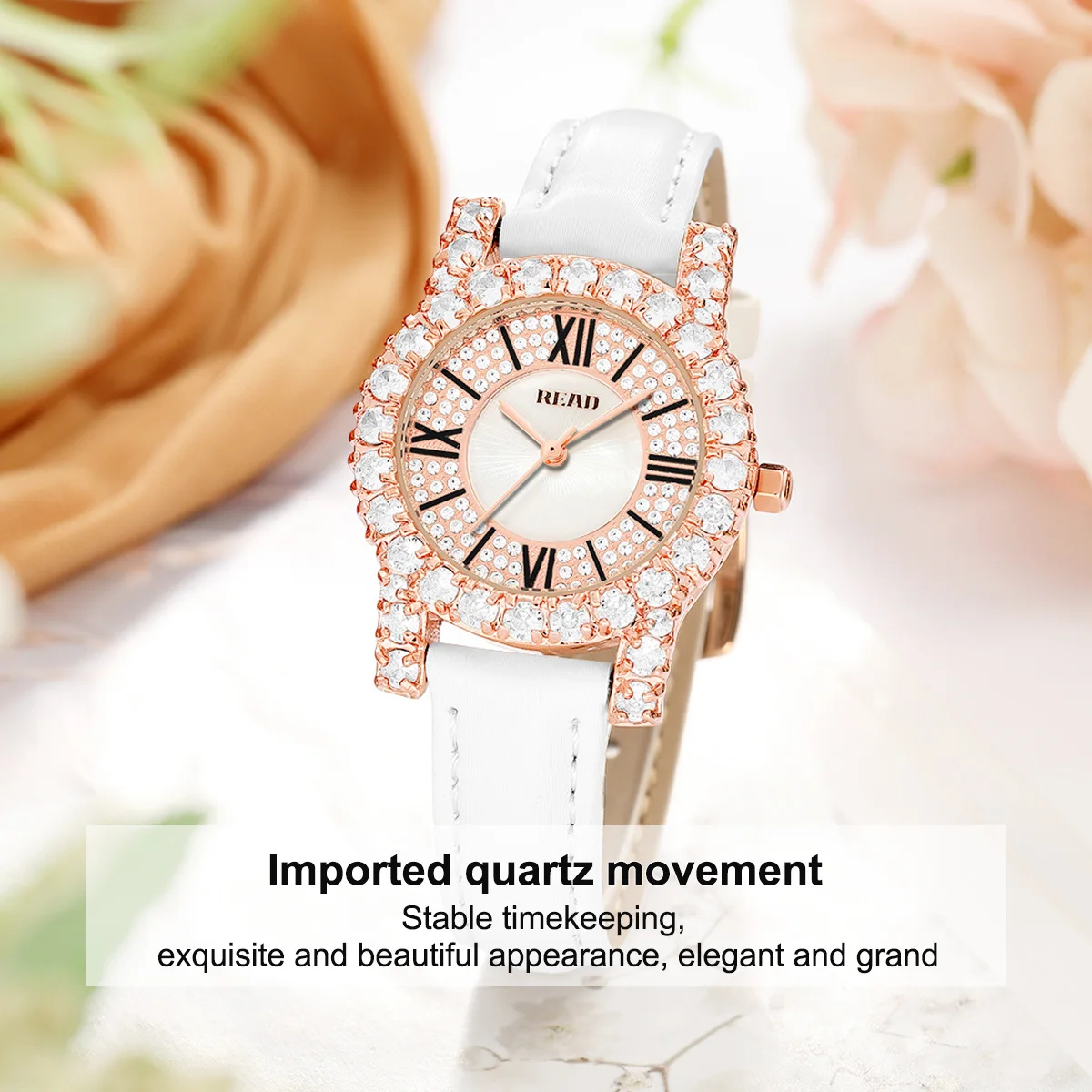 READ Ladies Quartz Watch | Rose Gold‑Tone Case | White PU Band | Shell Dial | Decor Bezel | 30M Daily Water Resistant
