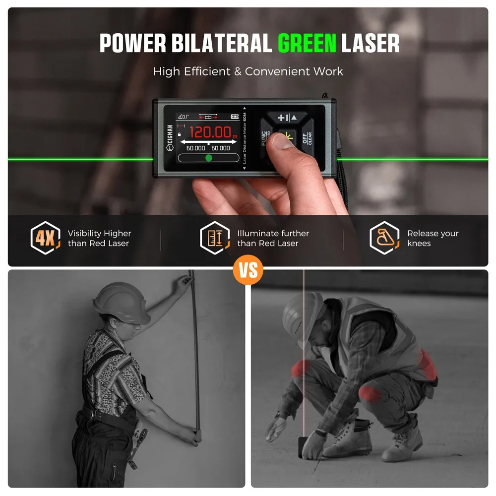 CIGMAN CD-60G 393ft/120M قياس ليزر أخضر ثنائي، مع وحدات متعددة Ft/in/M، بطارية 850 مللي أمبير قابلة لإعادة الشحن