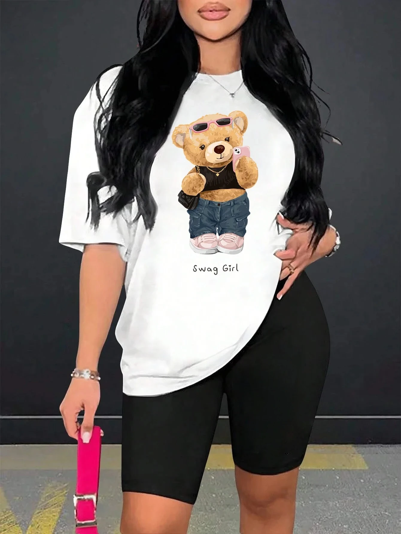 Cute Fashion Plush Bear Women's Shorts Soft Regular Short Sleeves Sweet Pretty Clothes Sports Comfortable Women Clothing Y2K Top