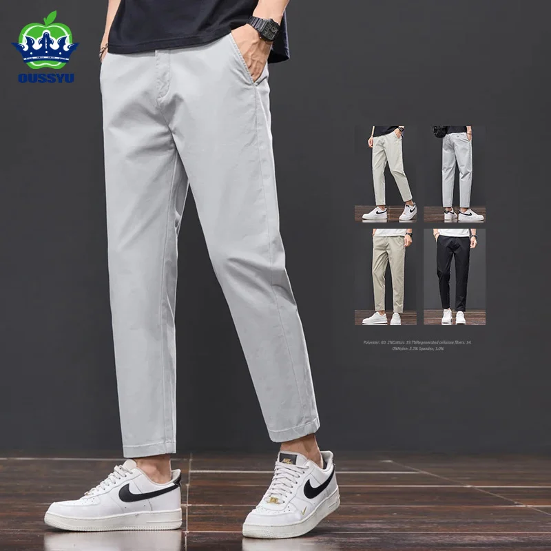 Nuevos pantalones informales hasta el tobillo de algodón 98% para verano, cintura elástica, color negro y gris, ropa sencilla transpirable para hombre, pantalones ajustados para hombre