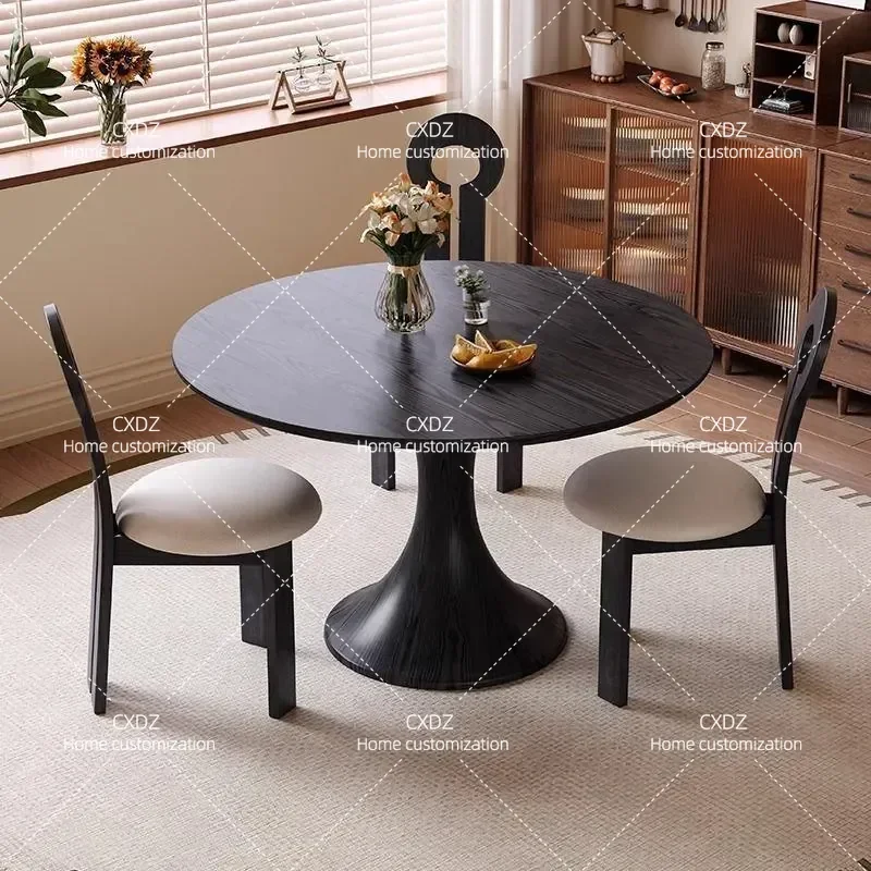 Medieval Style Solid Wood Round Dining Table with Turntable Walnut Color Retro Full Support Small Apartment Household