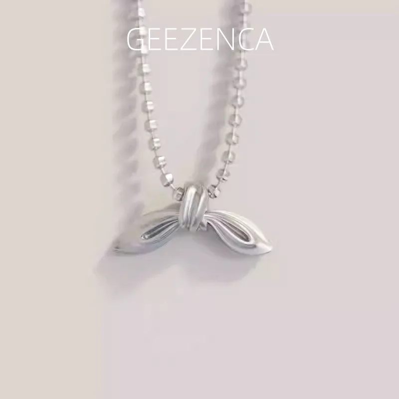 

GEEZENCA 925 Sterling Silver Beaded Chain Simple Knot Charm Pendant Necklace Women Trendy Dainty Half Bowknot Choker Necklaces