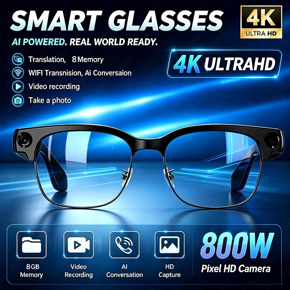 800W Pixel AI Smart Glasses 1080P Video Recording AI Photo Recognition Bluetooth Call Voice Translation Smart Sunglasses Women