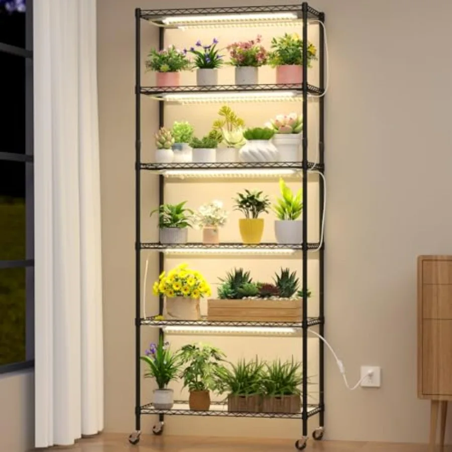

6-Tier Plant Shelf with Grow Light for Indoor Plants Adjustable Height Wheels 24 192W T8 Full Spectrum Grow Lamp 29x13.5x73.5 W