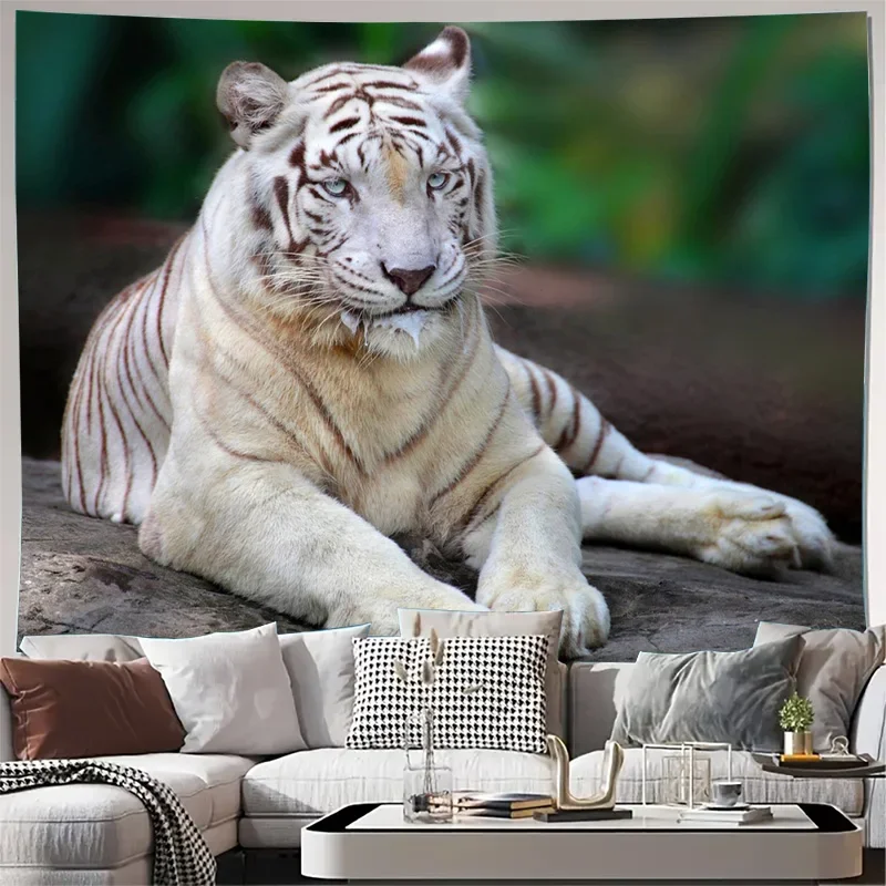 Majestic White Tiger Wildlife Tapestry Wall Art Print Jungle Mural Hanging for Modern Living Room Home Decoration Decor