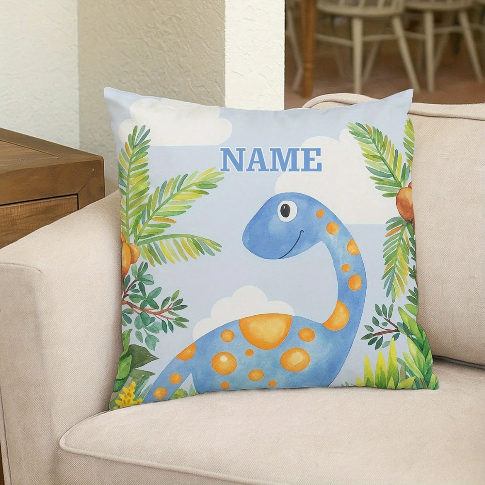 1PC customizable cushion cover with personalized text, featuring dinosaur and floral patterns, zippered closure