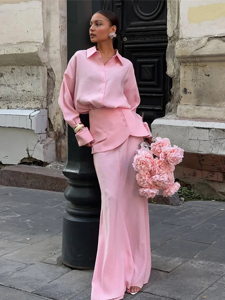 

Fmxires Women Chic Office 3Piece Set Classic Lapel Loose Blouse+Single Breasted Mini Skirts+Solid Maxi Bottoms Female Streetwear