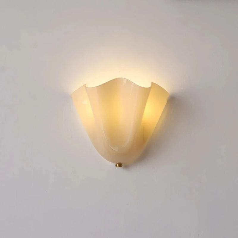 French Retro Colorful Glass Wall Lamps Glossy Glass Shell Lamp Cream Style Living Room Corridor Aisle Bedroom Bedside Wall Light