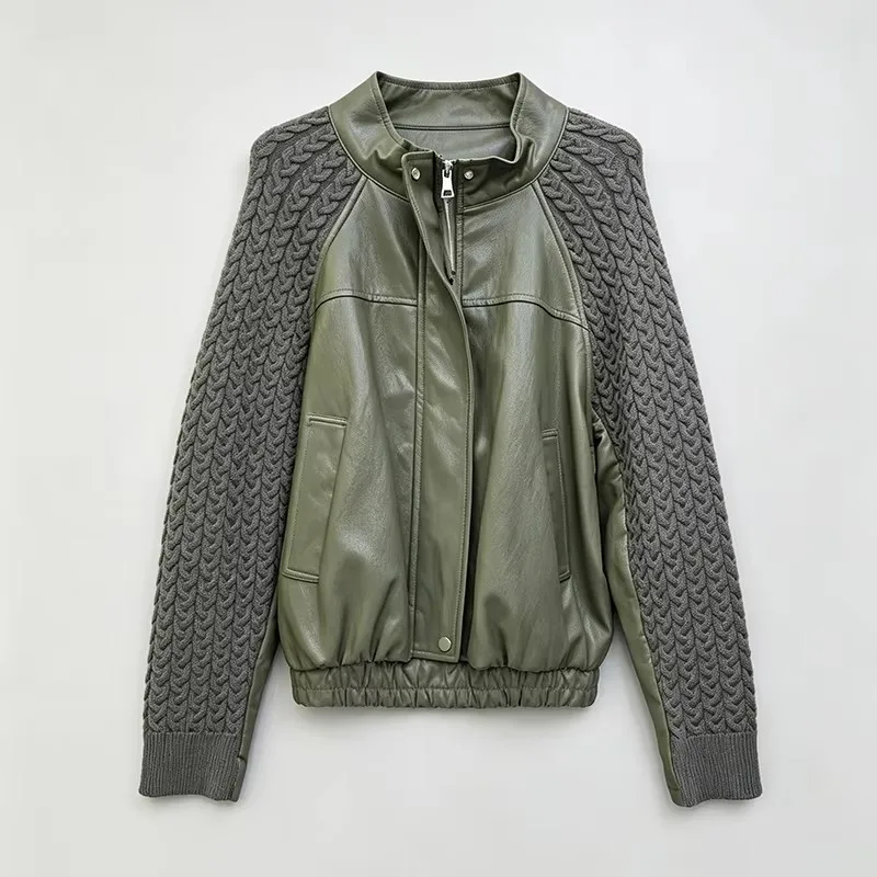 2026 Autumn Winter High Street Style Knit Patchwork Stand Up Collar PU Leather Jackets for Women Loose Zippered Baseball Coats
