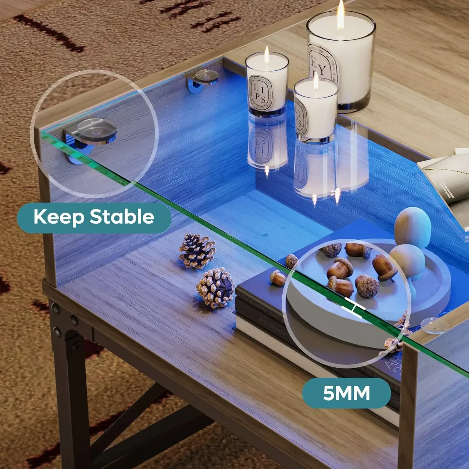 طاولات القهوة LED لغرفة المعيشة، طاولة مركزية خشبية مع سطح زجاجي ليلية. غرفة 42 بوصة غسيل رمادي