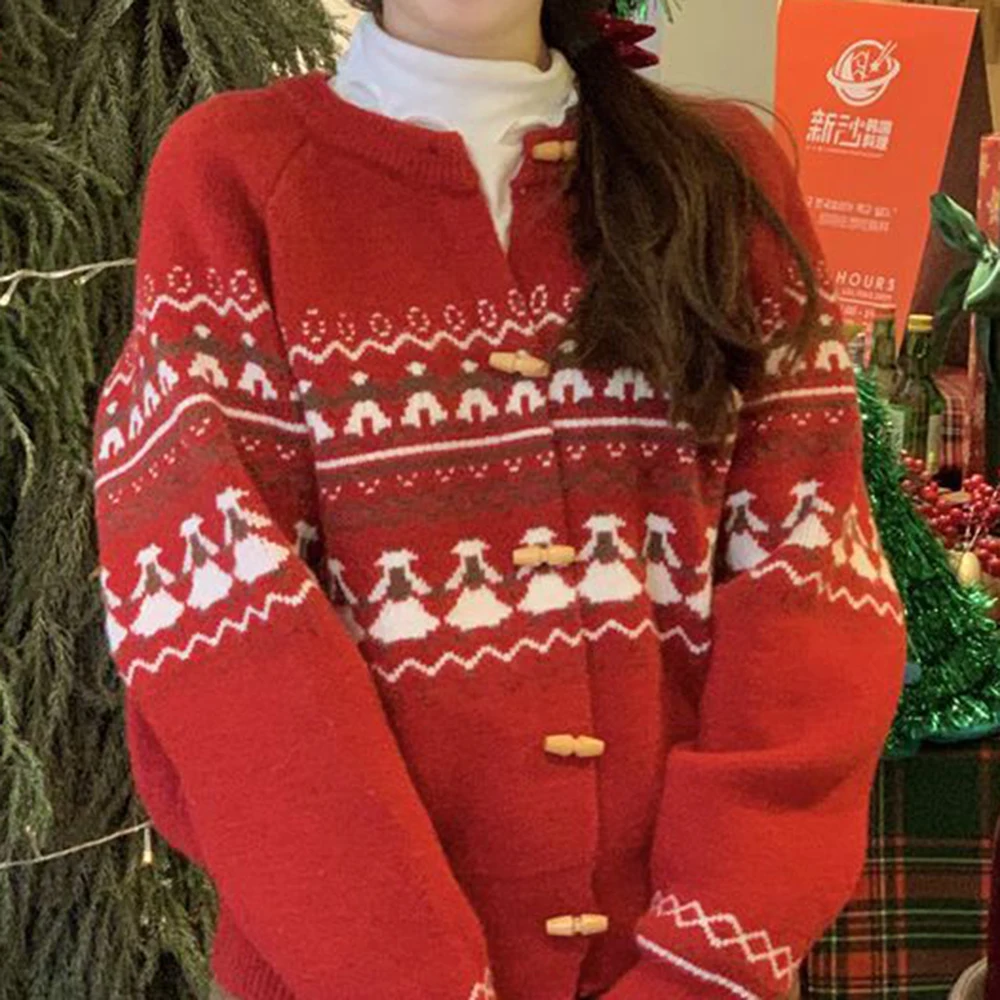 

Wool sweater New Year's atmosphere Fair Island sweater cardigan autumn and winter horn buckle knitted jacket top spring