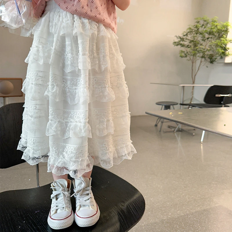 

Girls Dress 2024 Lolita Style Spring New Fashion Skirt Cake Skirt Princess Style Ruffles Thin Solid Color Children Clothing