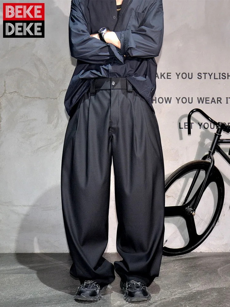 

High Street Mens Casual Pants Loose Fit Button Elasitc Waist Full Length Straight Trousers Gothic Fashion Black Suit Pants Male