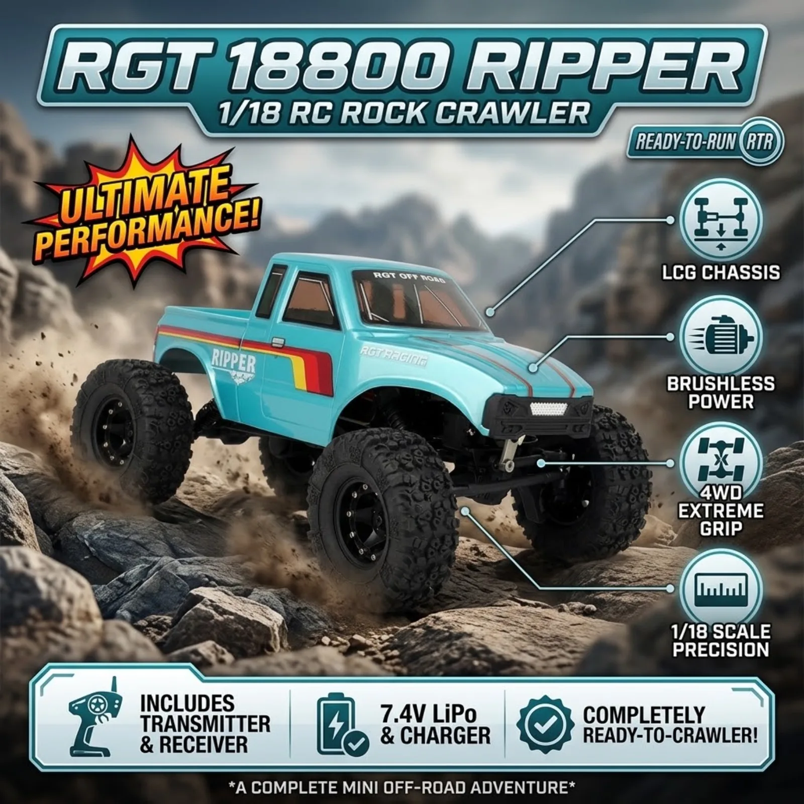 RGT 18800 RIPPER LCG Outrunner 4WD Brushless RC Rock Crawler 1/18 Electric Remote Control Model Car Adult Remote control car toy