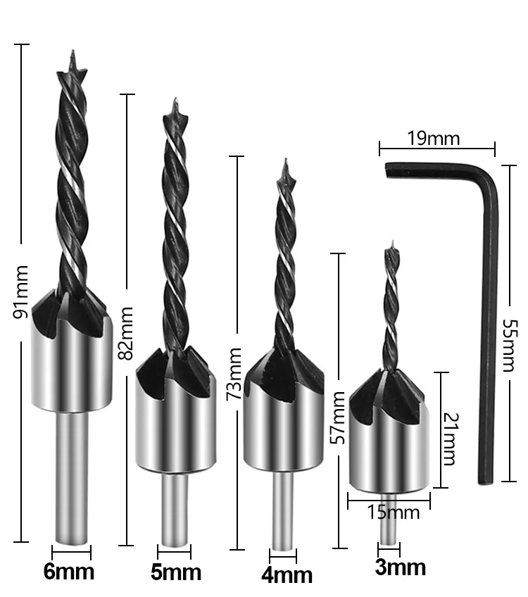 4pcs Carpentry Drill+1pc Wrech 3mm-6mm HSS Flute Countersink Drill Bits Set Chamfer Reamer For Woodworking Drill Bit Power Tools