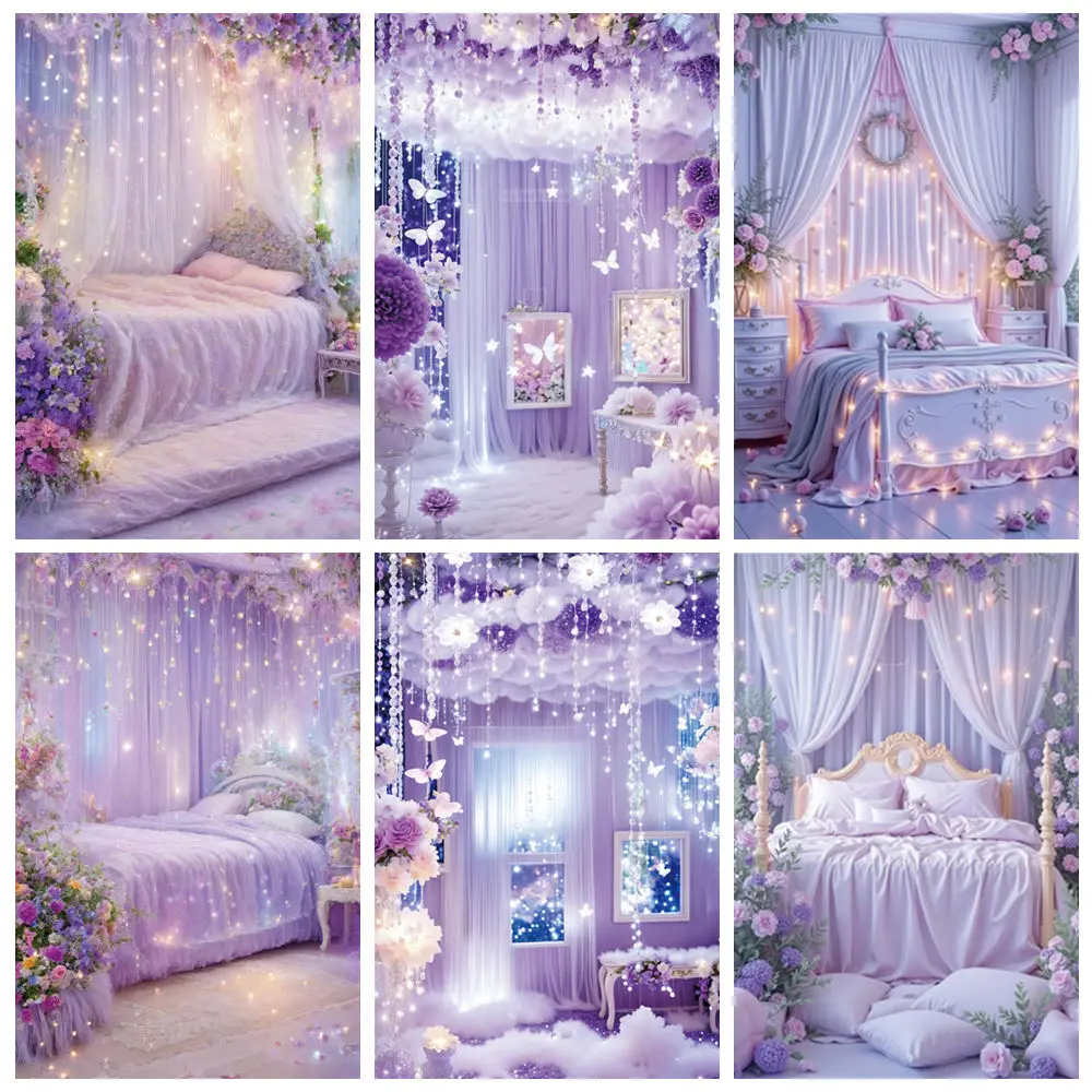 MOON.QG Dreamy Birthday Princess Bedroom Photography Backdrop Curtain Purple Flower Photozone Background Girl Studio Photobooth