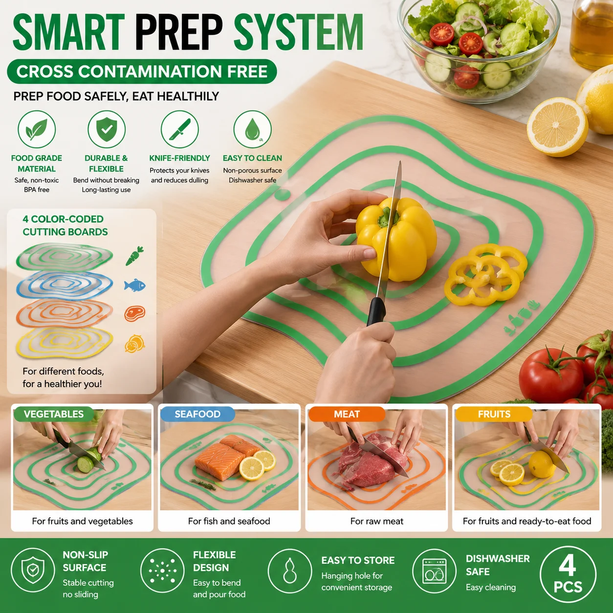 4PCS Color Coded Flexible Cutting Boards Plastic Chopping Mats Dishwasher Safe Kitchen Set