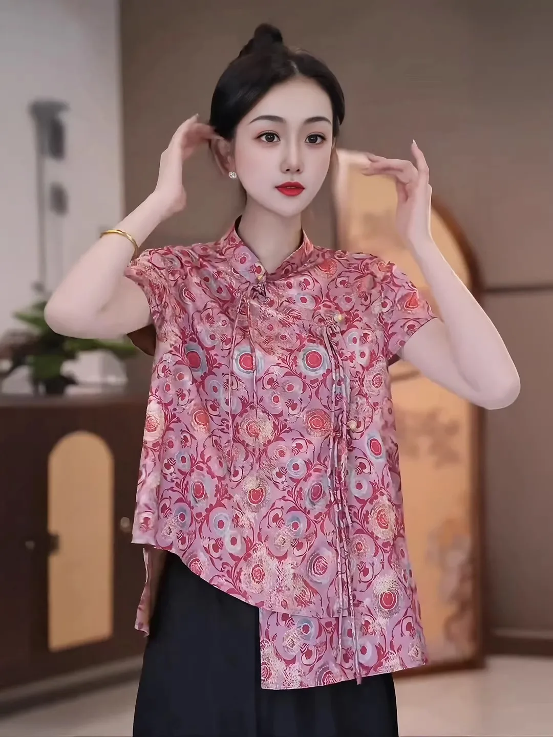 

Ele ort Sve Chinese Sle irt Stand Collar Asymmetrical Button Design Floral Embroidery Women's Faion Top