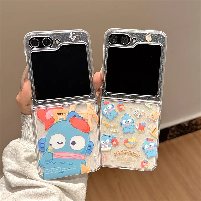 

Cute cartoon Hangyodon Marie Cat Pochacco Dumbo Fold Bling Glitte Phone Case for Samsung ZFlip 5 6 7 Disneys Glitte Cover