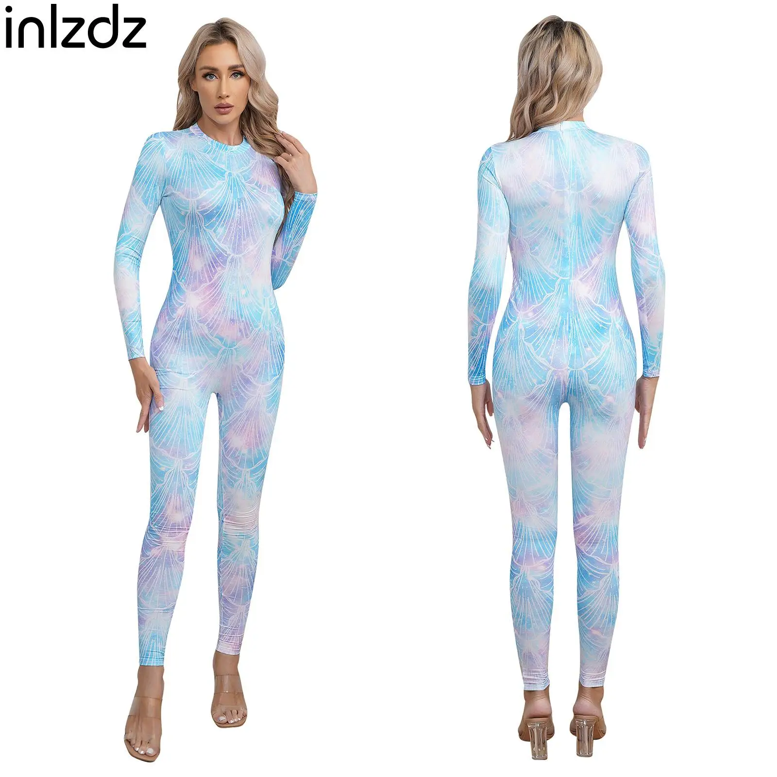 New Womens Mermaid Cosplay Fish Scale Jumpsuit Swimsuit Party Carnival Halloween Costumes Long Sleeve Full Body Romper Bodysuits