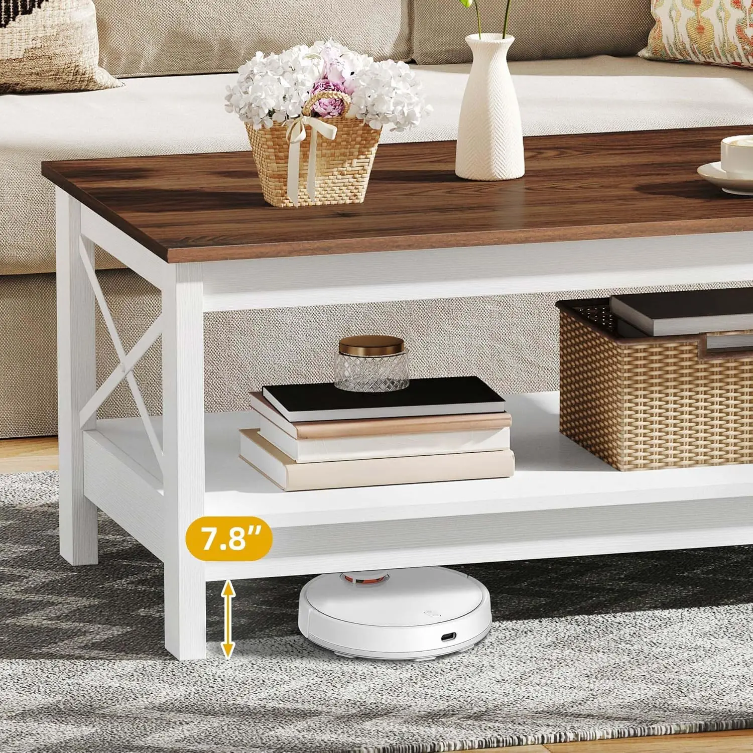 طاولة قهوة مستديرة حديثة بوهو مقاس 30.7 بوصة - طاولة خشبية مع ملمس عمودي وقاعدة متقاطعة معدنية،