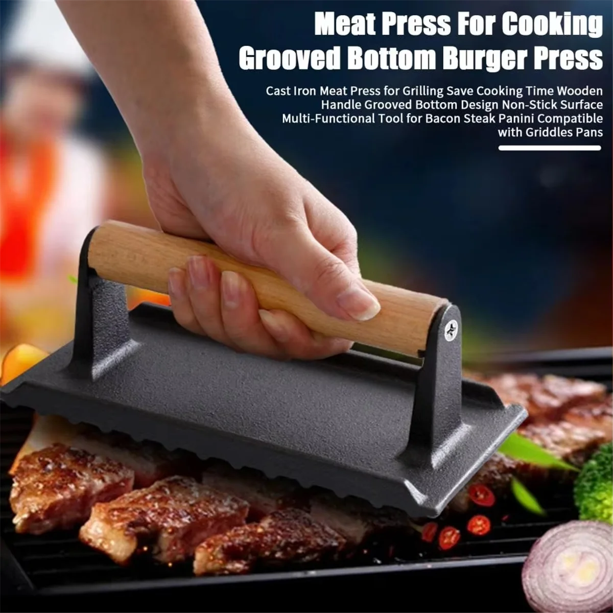 N38R_Meat Press for Grilling Cast with Wooden Handle