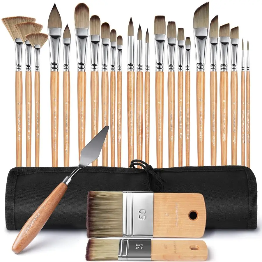 

26pcs Paint Brushes, Professional Acrylic Paint Brush Set Artists Complete Range of Sizes with Upgraded Short Handle Wide Flat a