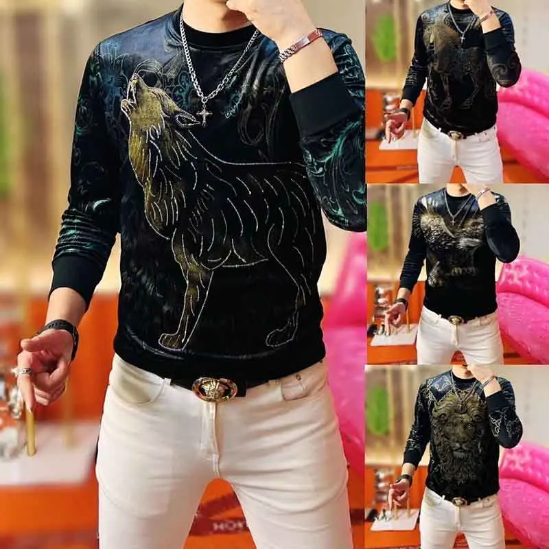 2024 Men's Autumn and Winter Gold Velvet New Fashion Casual Sweater Round Neck Trend Slim Long Sleeve Versatile T-Shirt