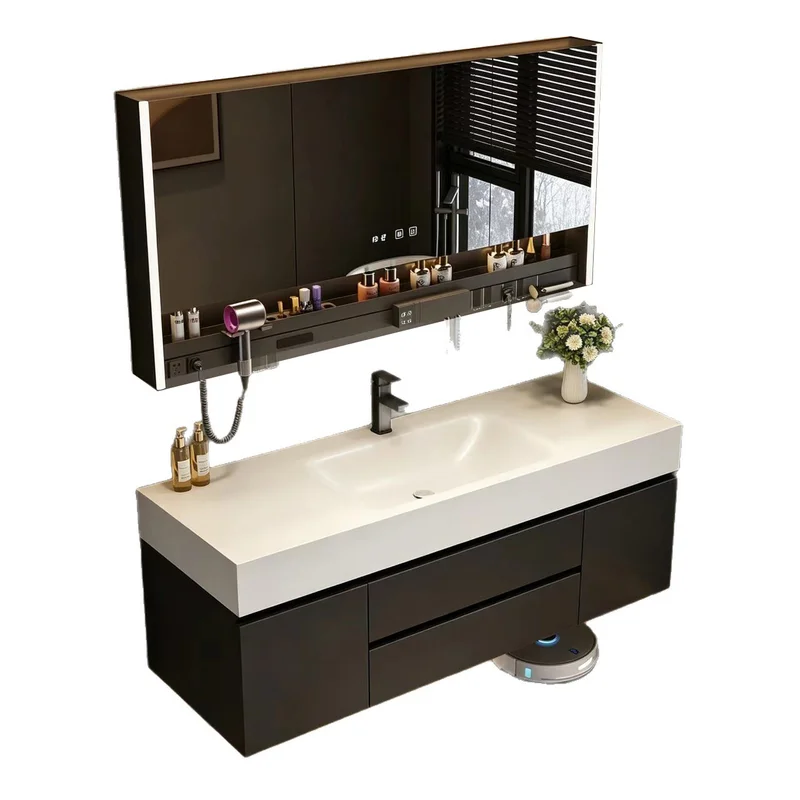 Black Minimalist Sintered Stone Vanity Hot Bending One-Piece Basin Bathroom Cabinet Hand Wash Face Sink Lavatory Furniture