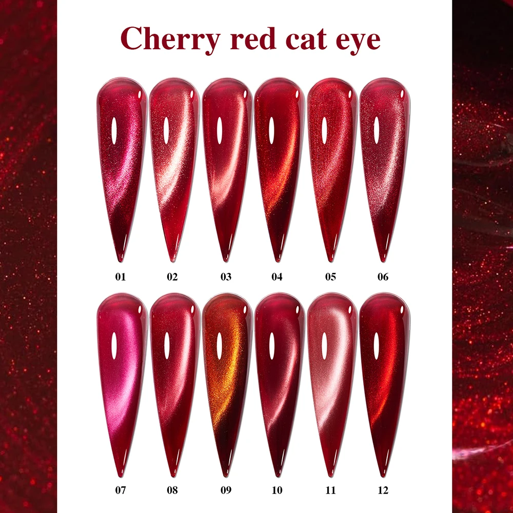 Vendeeni, 12 colores/juego, cristal rojo cereza, Color puro, ojo de gato magnético, esmalte de uñas de Gel UV LED con tarjeta de Color sin TPO/HEMA