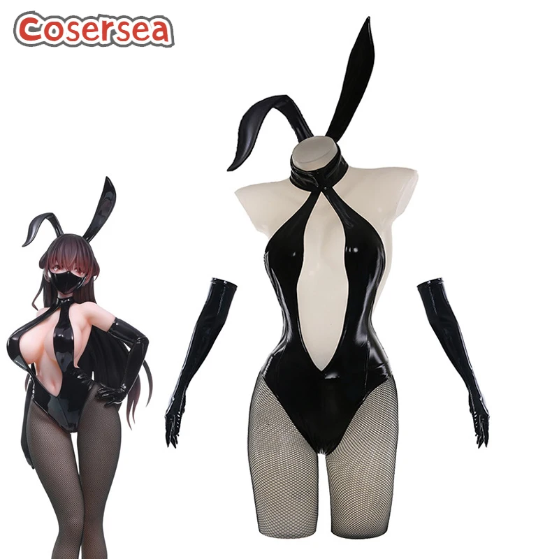 

Cosersea Cute Girls Black Bunny Costume Sexy Women Elastic PU Leather Fabric Bunny Suit Jumpsuit Halloween Cos Outfit Fullset