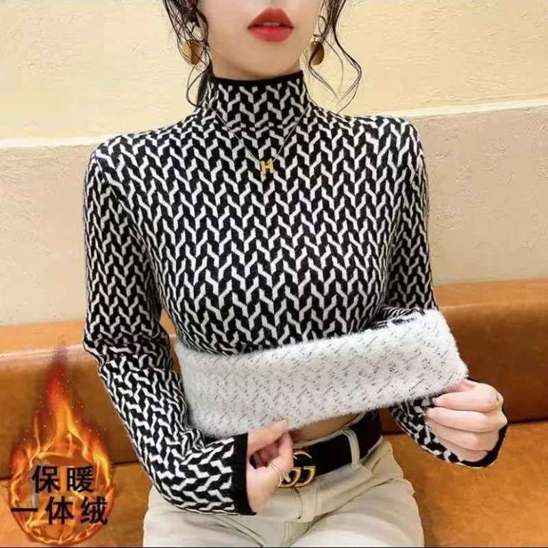 Women's Autumn Half High Neck Plus Velvet Pullover Long Sleeve Underlay Chic Sweater Fashion Versatile Elegant Lady Tops E653