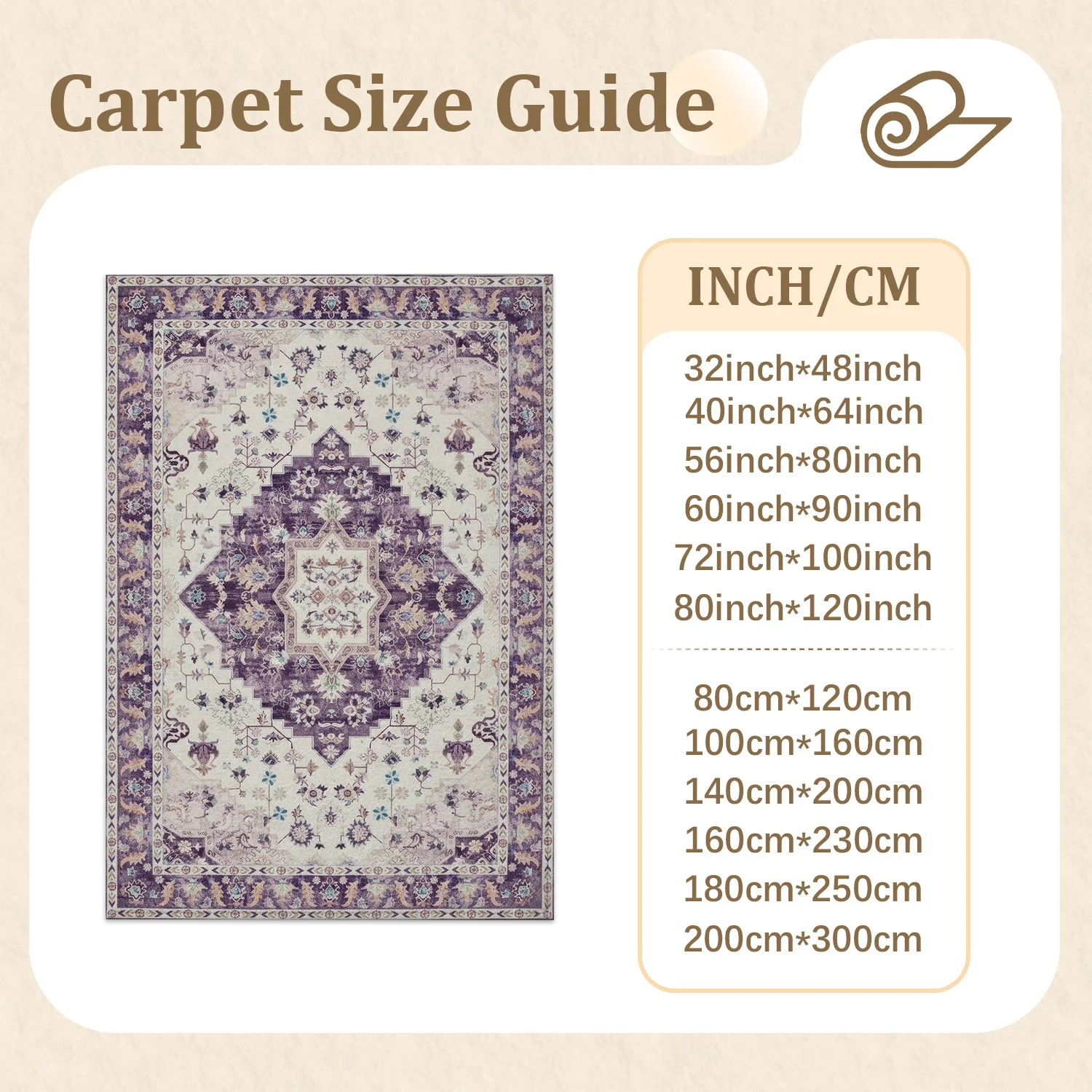 Large Indoor Area Rug, Soft Velvet Low Pile Rug with Non-slip Dotted Backing, Machine Washable Vintage Oriental Medallion Floor Rug for Living Room Bedroom, Purple Cream Distressed Traditional Area Rug