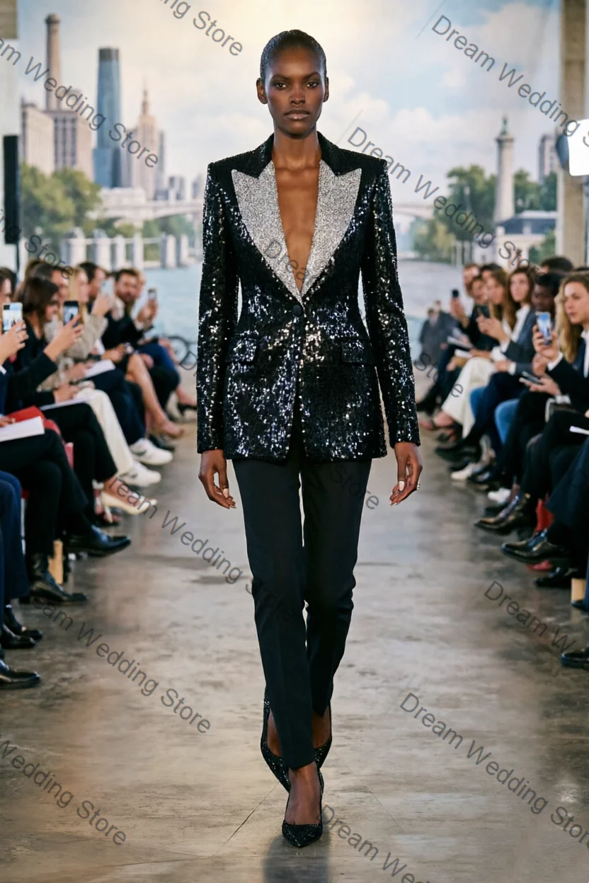 Sequins Women Suit Set 2 Pcs Shiny Blazer Pants Autumn Cotton Wedding Formal Office Lady Jacket Customized Bridal Guest Coat